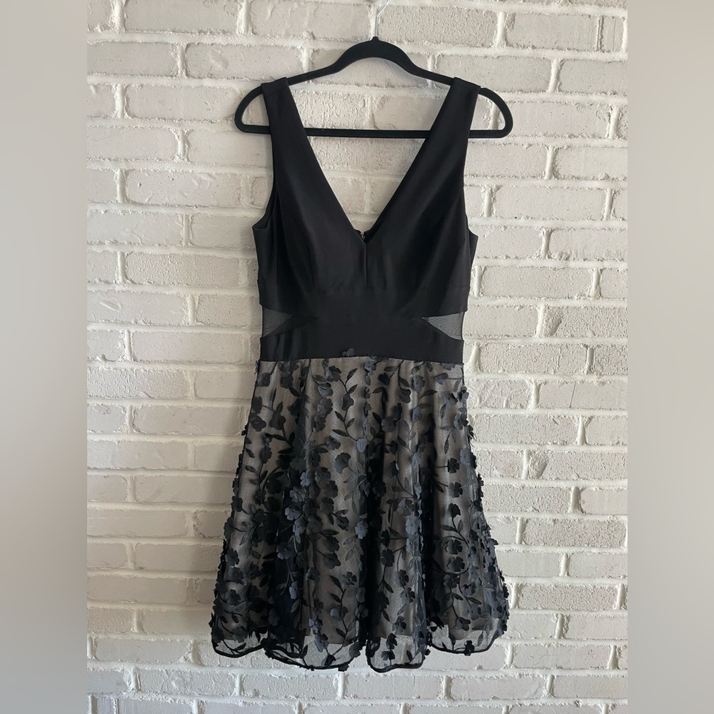 XSCAPE A-Line Black Dress with Floral Detailing, Size 8.